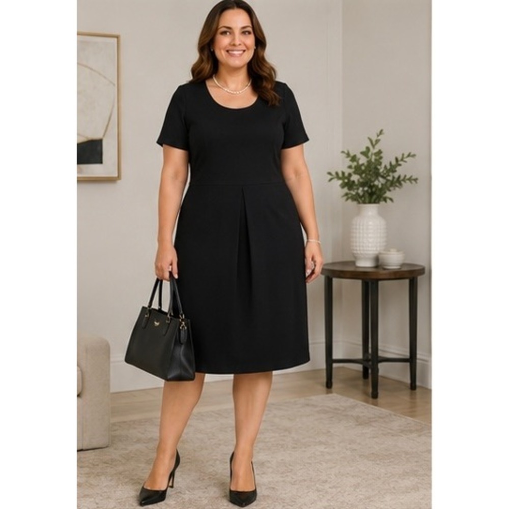Talbots Woman 22W Black Sheath Dress Plus Size Pleated Career Work Midi Dress